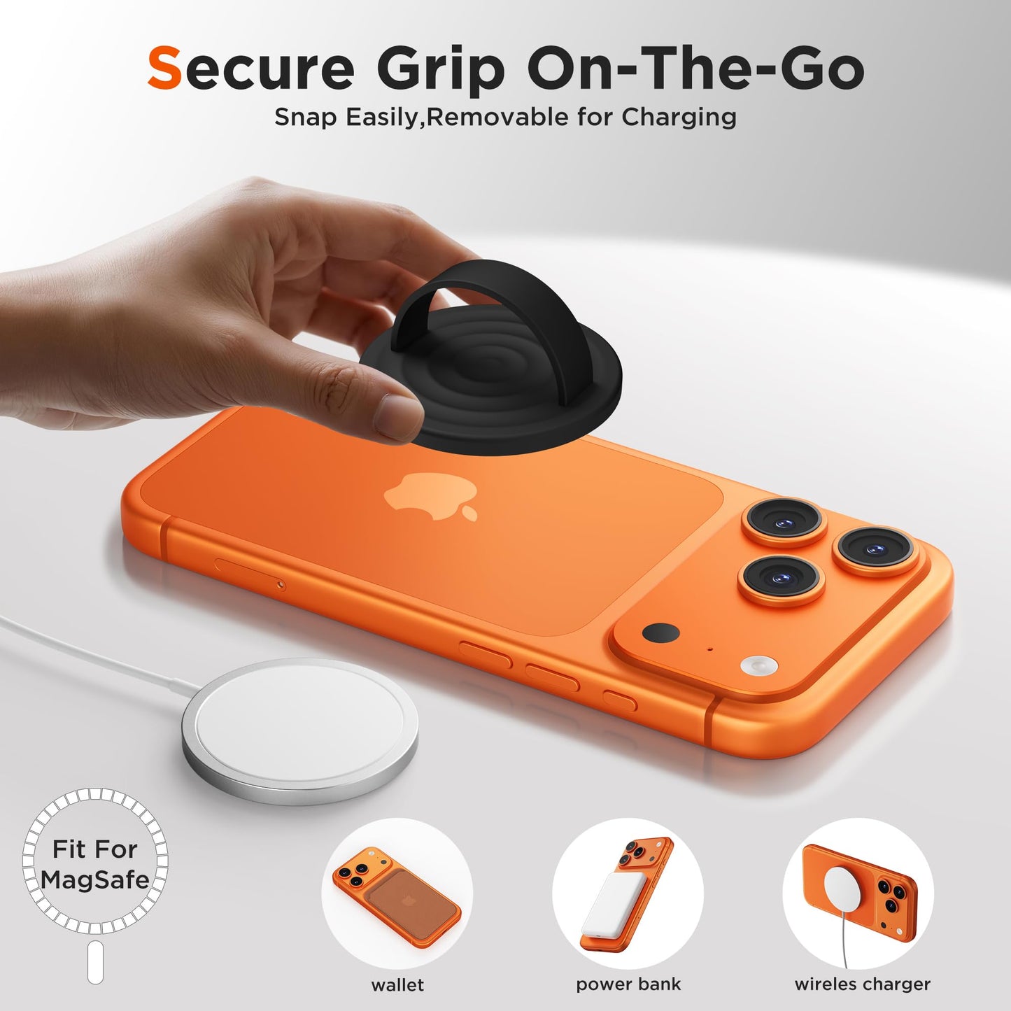 HSAOHD Magnetic Phone Grip Ring, Compatible with MagSafe, Upgraded Liquid Silicone for Secure Comfort, Rotating Finger Loop Ring Grip Holder