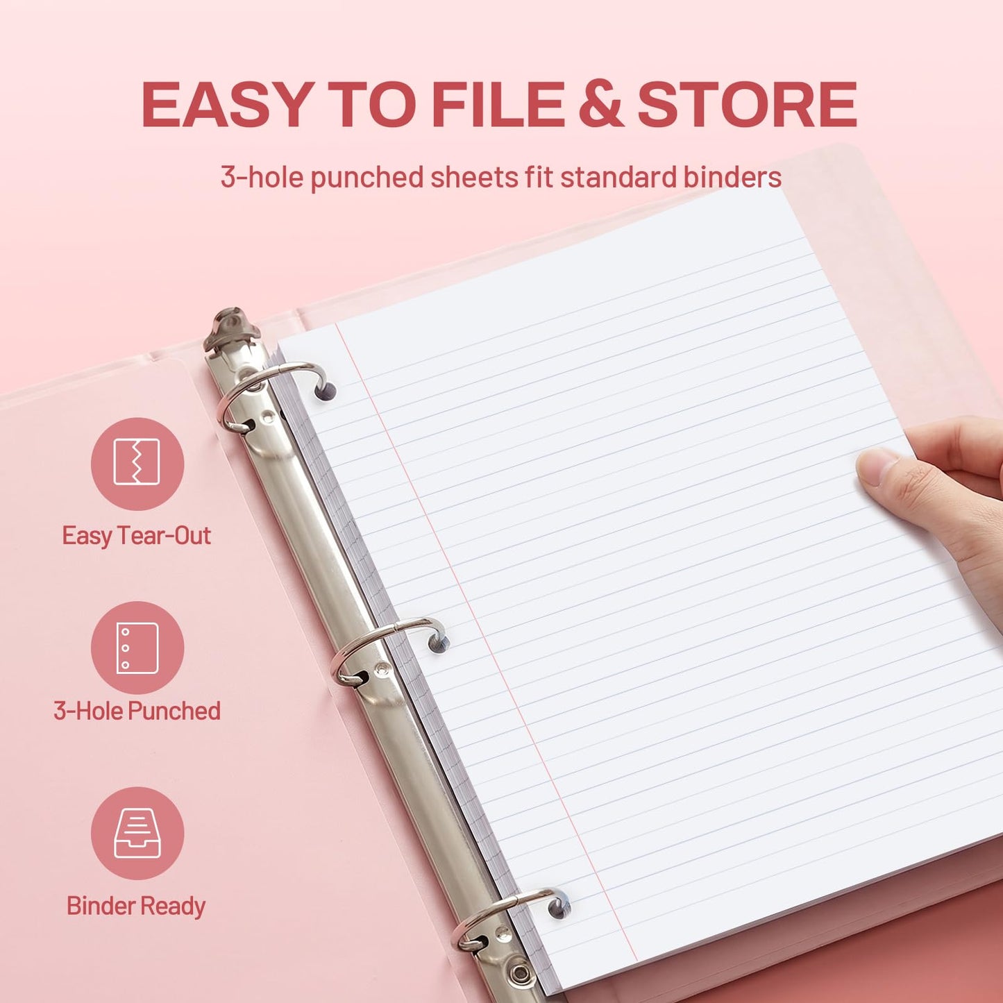 SUNEE 5 Subject Notebook College Ruled - 400 Pages, 9"x11", 5 Pocket Colored Dividers, 3-Hole Punched Paper, Pink