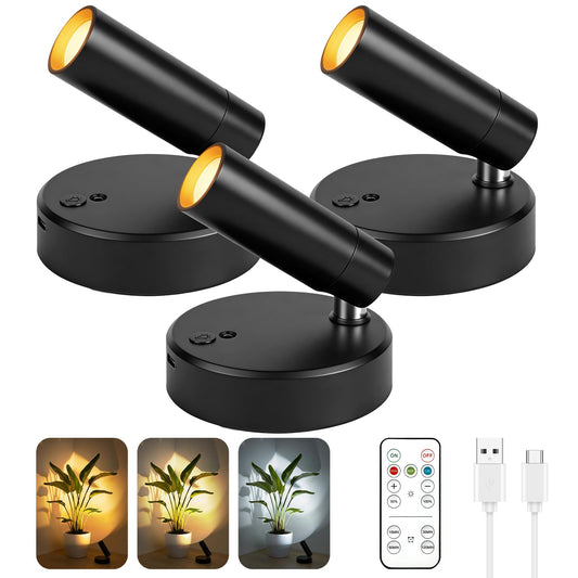 3 Pack Rechargeable Battery Spotlight Indoor, Wireless Mini Uplights for Plant Picture & Wall Art Decor, Cordless Accent Lights with 3 Color Temps