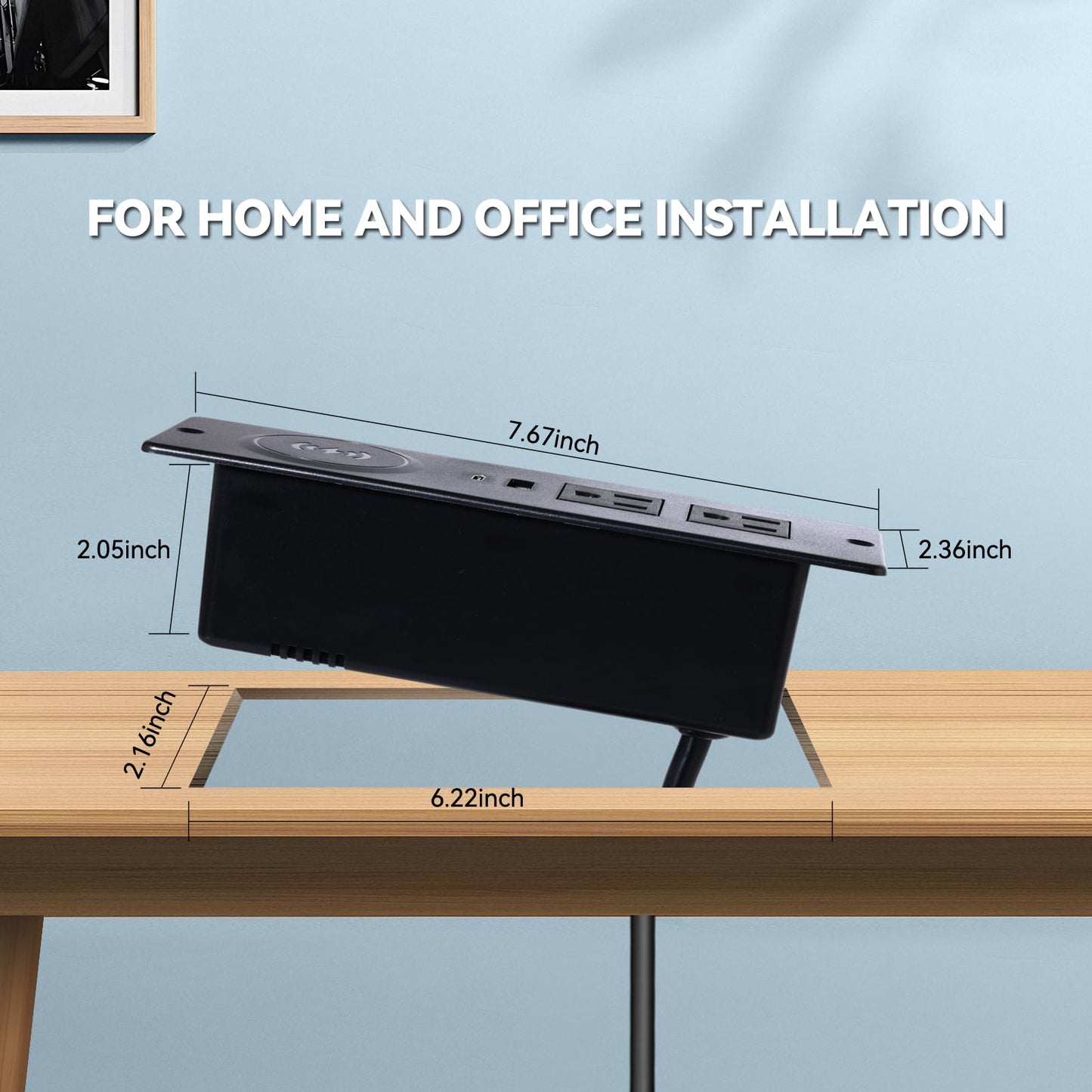 Recessed Power Strip with 15W Wireless Charger,Furniture Recessed Outlet with USB C Fast Charging,Desktop Charging Station & 2 Outlets,2 USB Ports