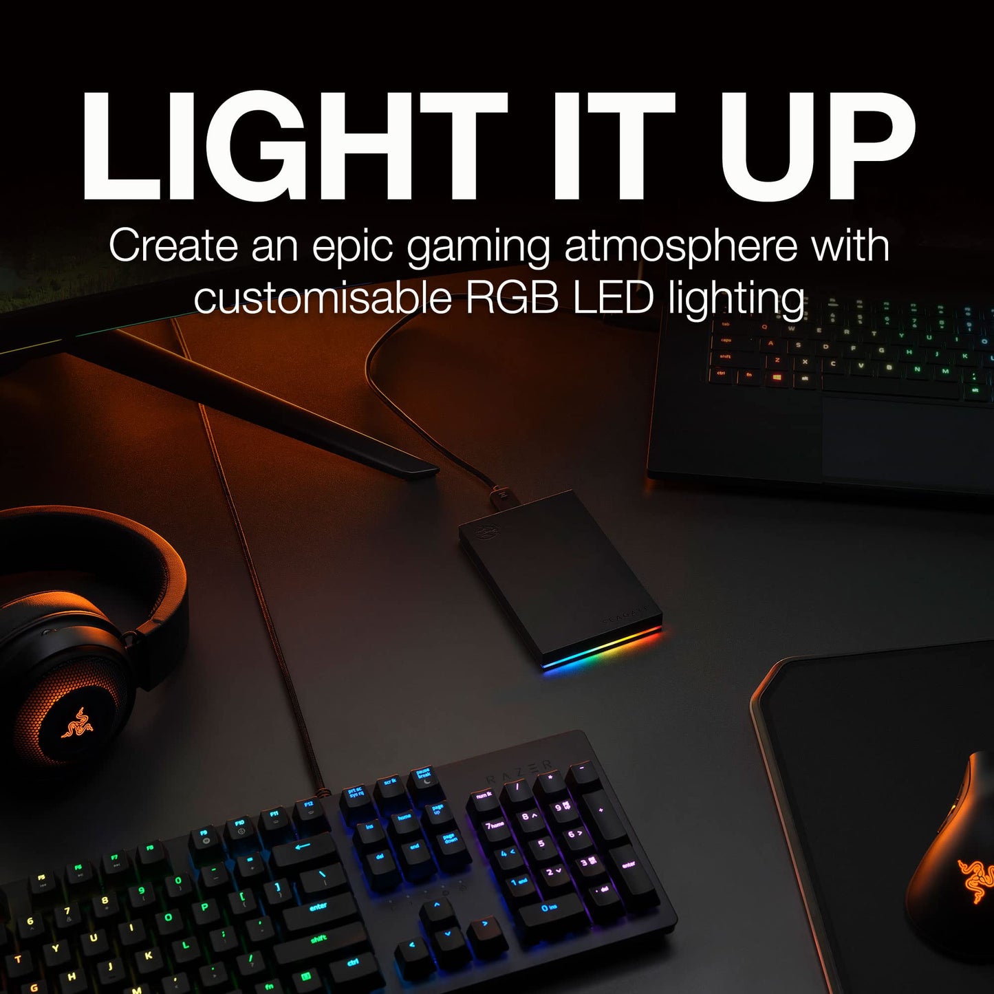 Seagate FireCuda Gaming Hard Drive External Hard Drive 1TB - USB 3.2 Gen 1, RGB LED lighting for PC and Mac with Rescue Services, Multicolor