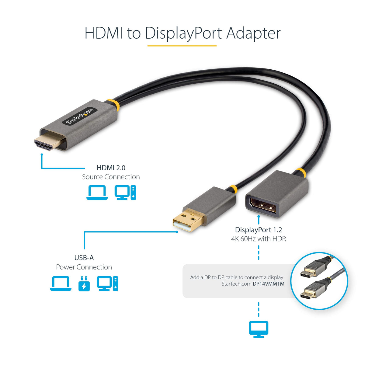 StarTech 1ft Active HDMI 2.0 to DP 1.2 Cable, 4K 60Hz, HDR, USB Powered