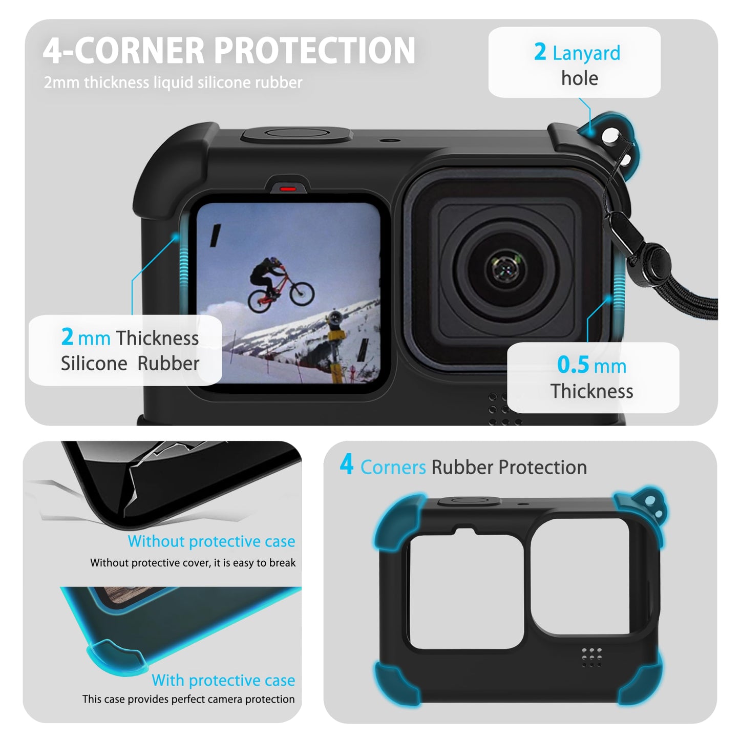 FitStill Silicone Sleeve Protective Case for Go Pro Hero 12/Hero 11/Hero 10 /Hero 9 Black, Battery Side Cover & Lens Caps & Screen Protectors