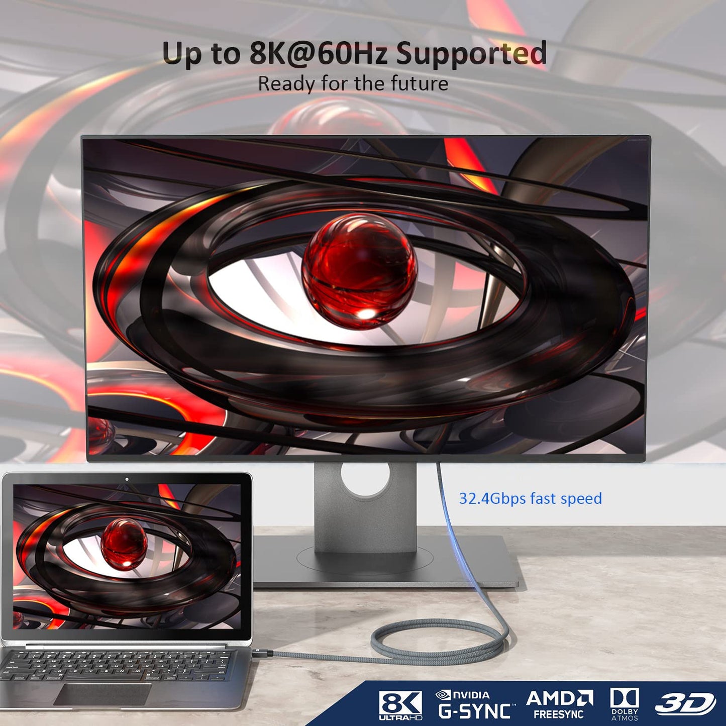 QCEs 8K Mini DisplayPort to Displayport 1.4 Cable 6.6Ft, Thunderbolt to DP Cable 8K@60Hz 4K@144Hz Thunderbolt 2(Video Output) Compatible with MacBook