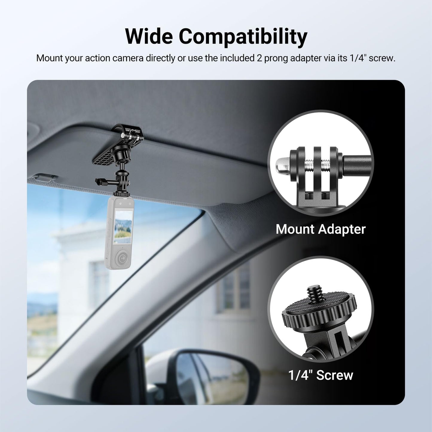 NEEWER Basics Car Sun Visor Mount, 360° Ball Head Action Camera Holder Bracket Accessories Kit Compatible with GoPro DJI Insta 360 for POV Vlogging