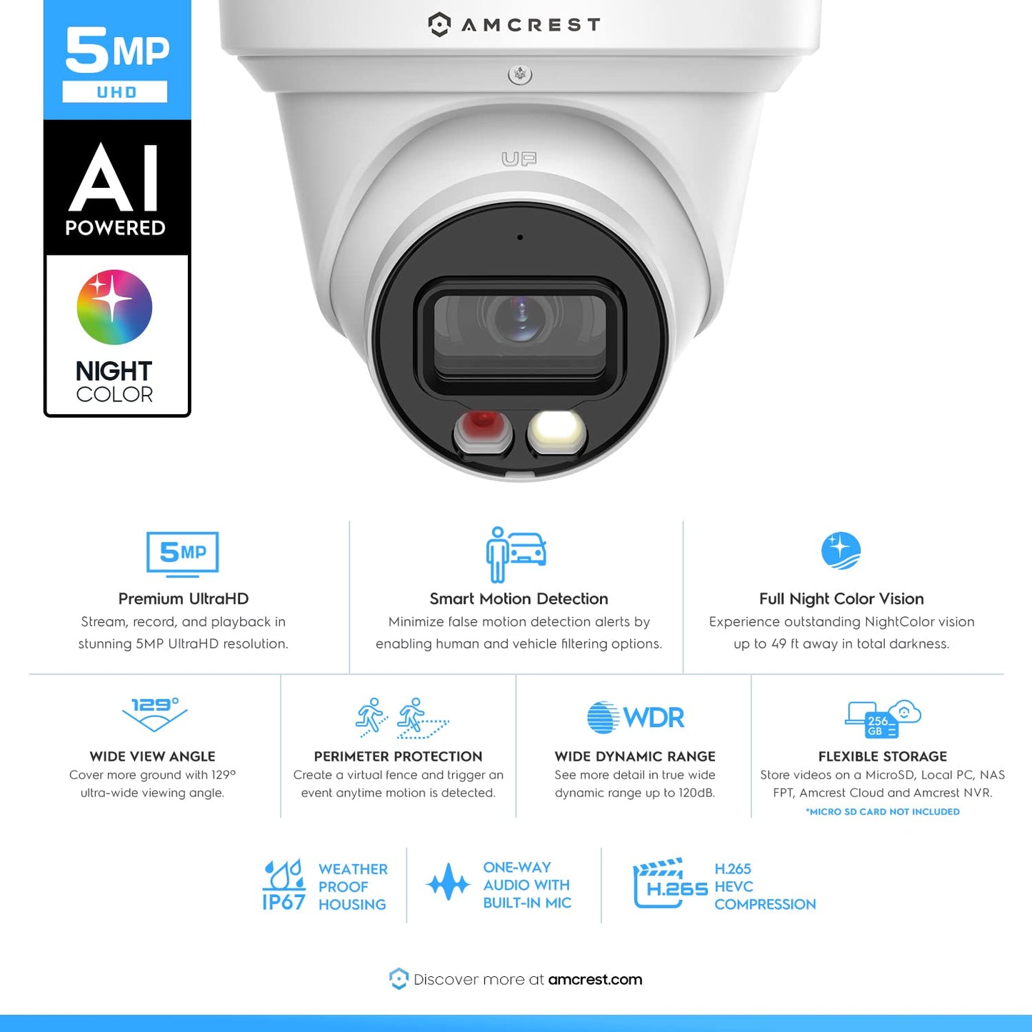 Amcrest 5MP AI Turret IP PoE Camera w/ 49ft Nightvision, Security IP Camera Outdoor, Built-in Microphone, Human & Vehicle Detection, Active Deterrent