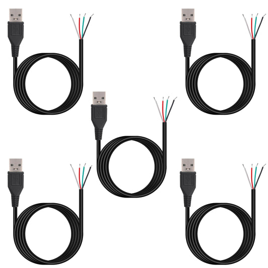 Jienk 5Pcs 3FT 28AWG USB 2.0 Male 4Pin Pigtail Date Cable, 2A 5V USB Type A 4 Core Bare Wire Open End Extension for DIY Repair