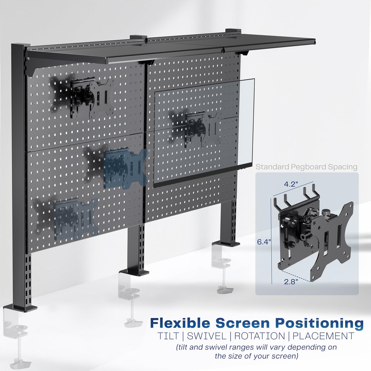 VIVO Steel Triple Clamp 47 x 31 inch Desk Pegboard System with 2 Monitor Mounts and Storage Shelf, Fits up to 32 inch Screens, Office Accessory