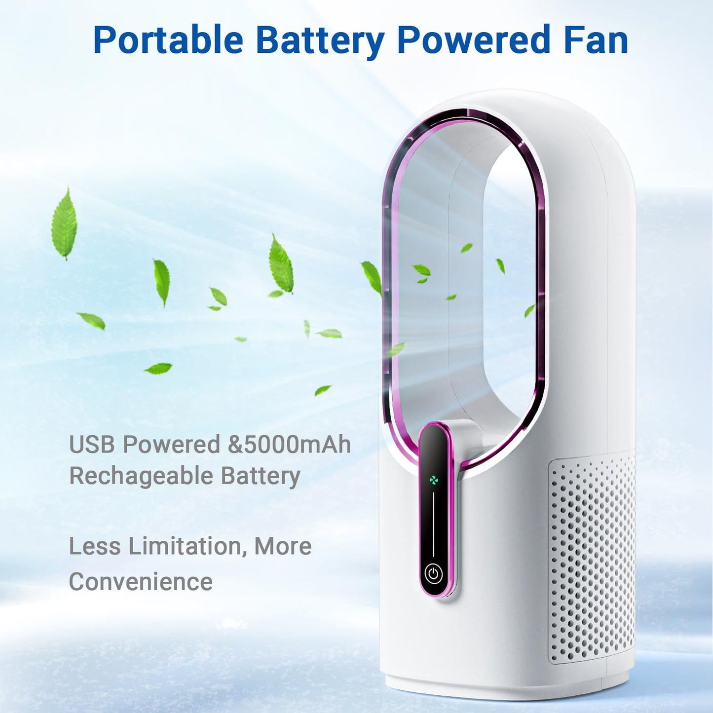 Bladeless Desk Fan, 11.8 Inch Small Rechargeable Fan, 30dB Quiet, 3 Speeds