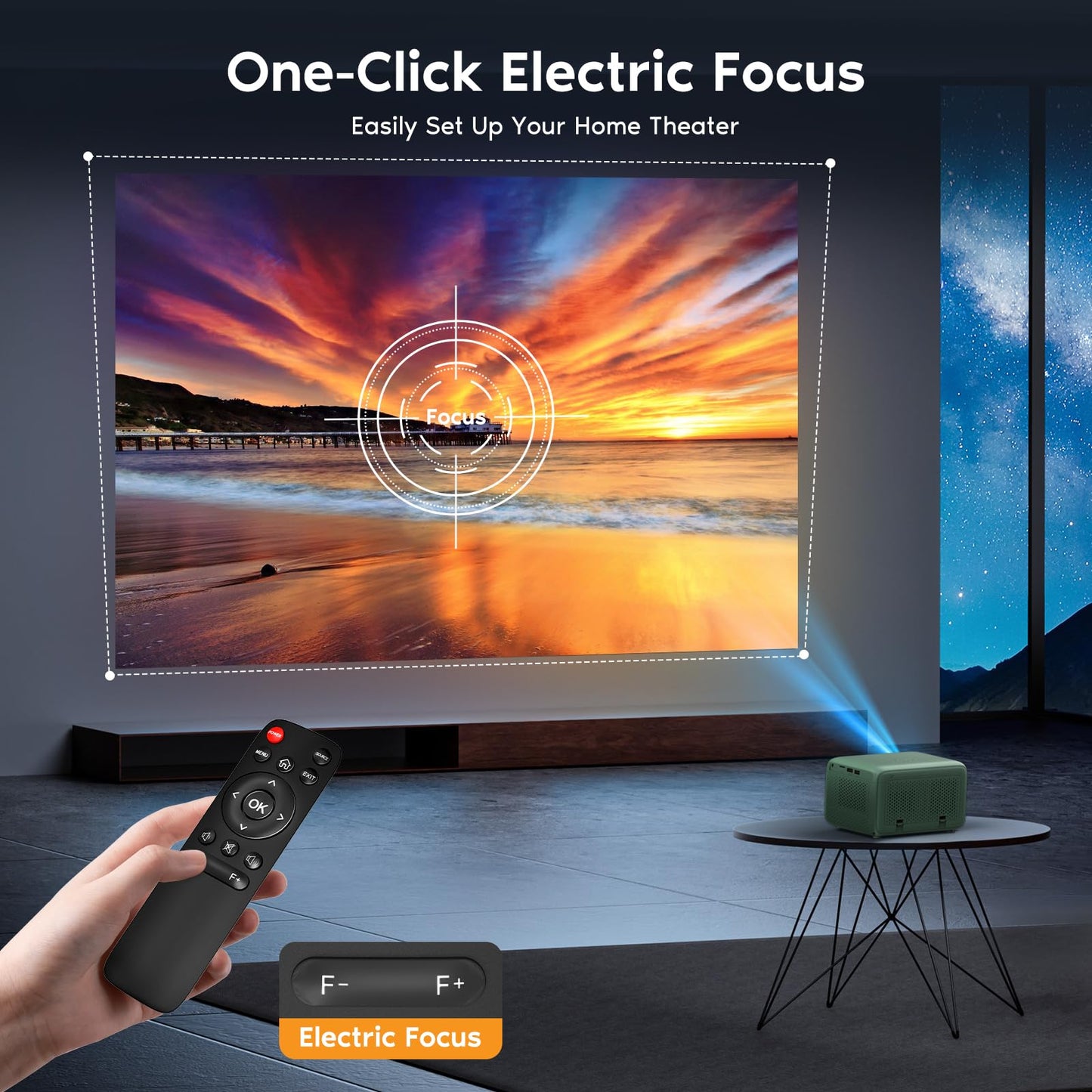 ?Electric Focus?Mini Projector with WiFi and Bluetooth, Portable Movie Projector with Zoom Function, Compatible with Phone/TV