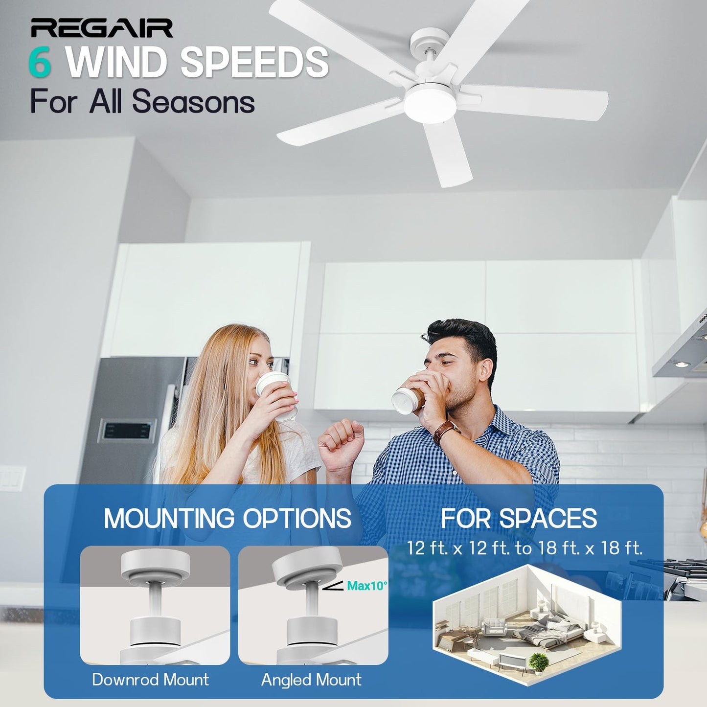 Regair Ceiling Fan With Light 52-Inch, Remote Control Reversible DC Motors, 3CCT Dimmable Timer Noiseless, Nickel Ceiling Fan for Bedroom Living Room