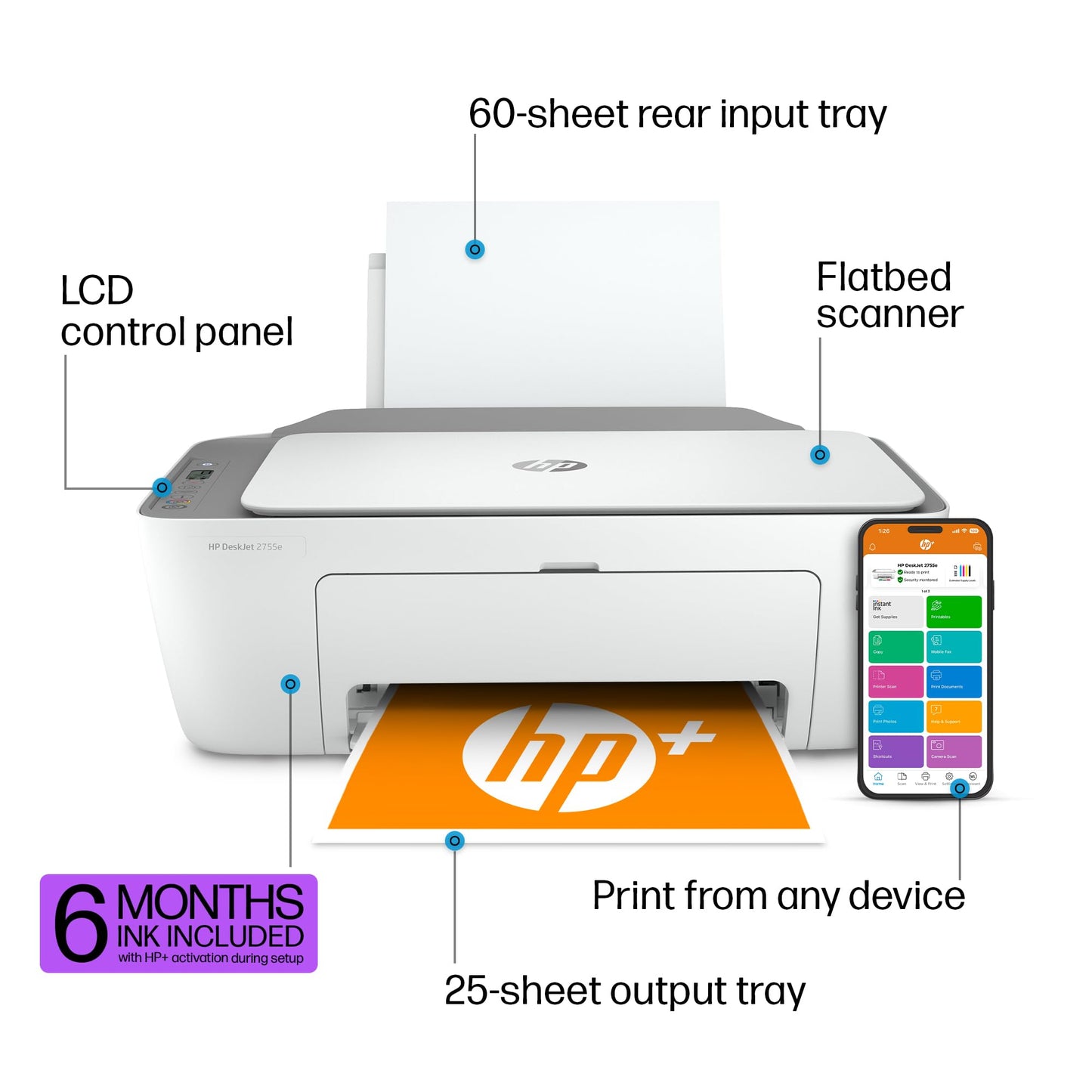HP DeskJet 2755e Wireless Color inkjet-printer, Print, scan, copy, Easy setup, Mobile printing, Best-for home, 6 month Instant Ink trial included
