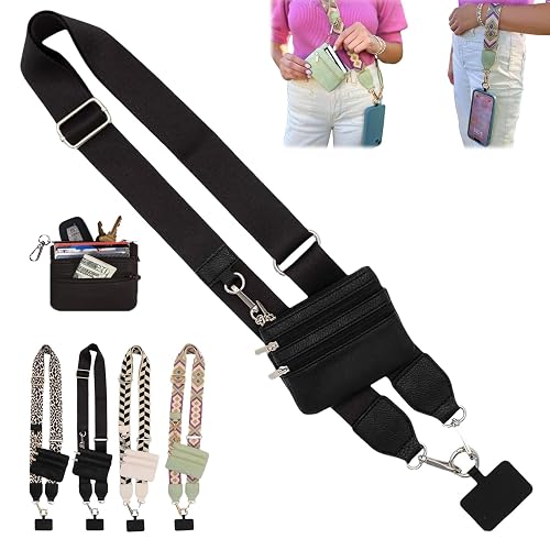 Rugwun Clip and Go Strap for Phone with Wallet Crossbody,Phones Strap with Zippered Pouch,Phone Straps Crossbody Travel Bag (A-Black)
