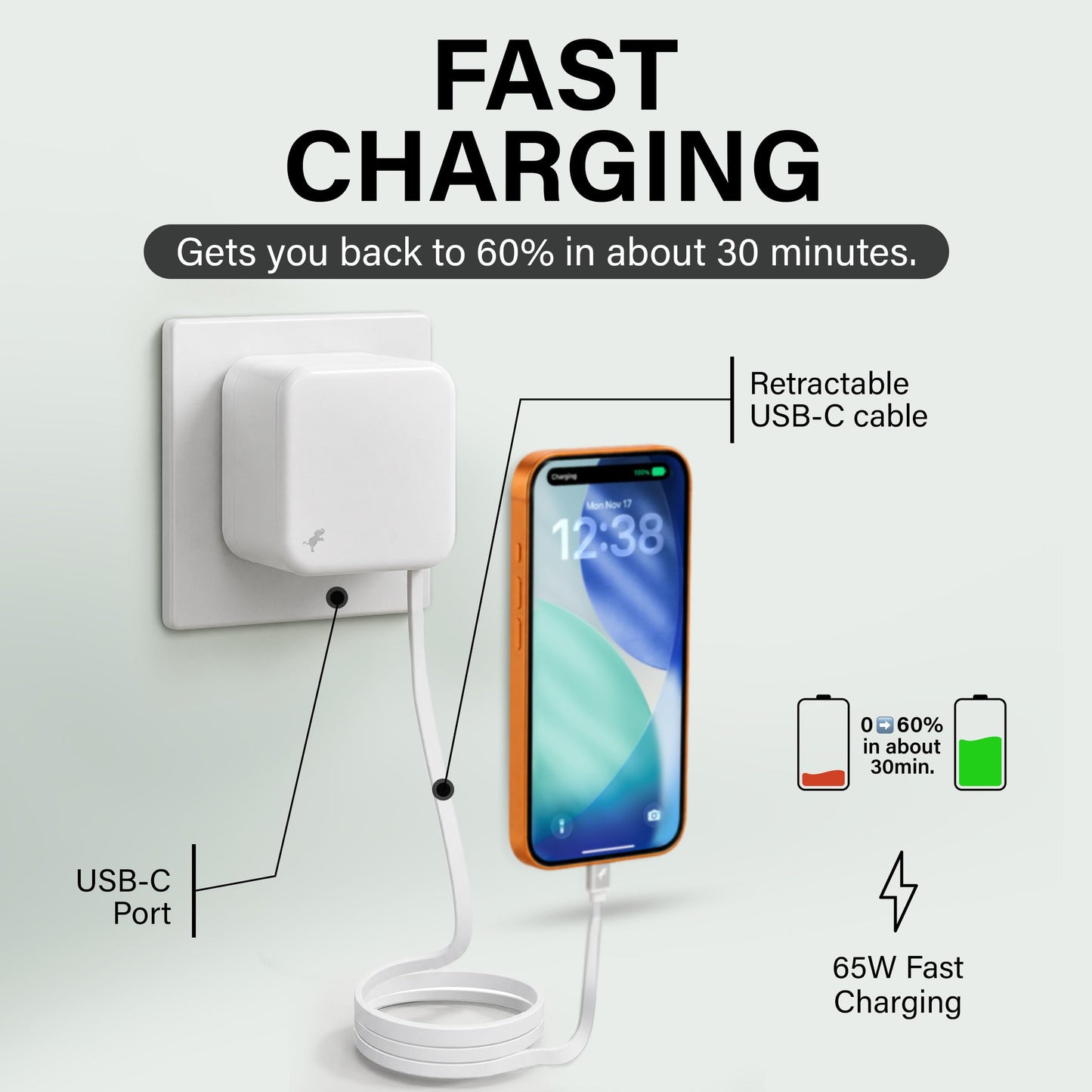 Nimble Wally Stretch 65W Wall Charger - Fast Charger with Retractable 2ft Cable, USB-C Port, and Foldable Plug for iPhone 17/16/15/14, Galaxy S25