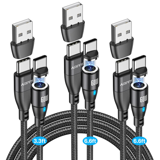 USB C to USB C Magnetic Charging Cable[3-Pack, 3.3ft/6.6ft/6.6ft], 60W/3A Fast Charging USB Type C Charger Cord Compatible with Samsung Galaxy