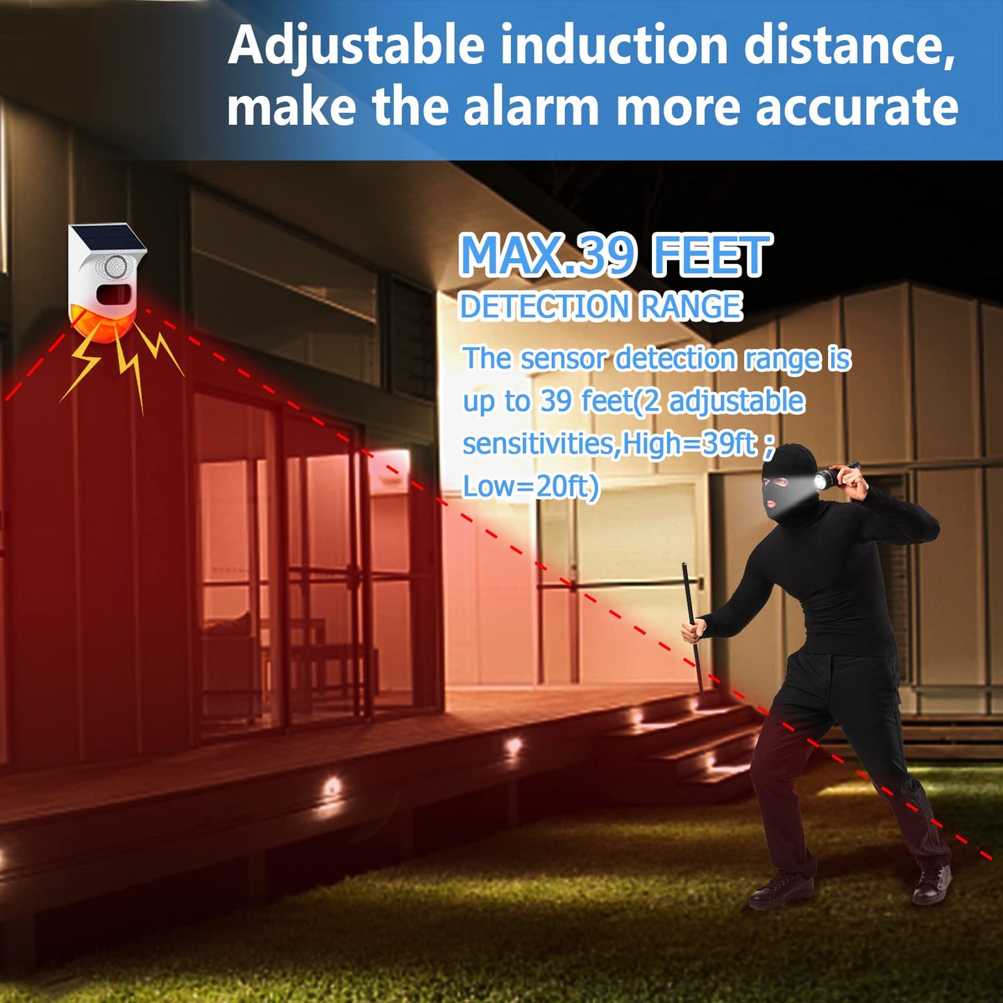 ChunHee Solar Motion Sensor Outdoor Alarm,Adjustable Sensitivity Motion Activated Alarm,129db Sound Security Siren Light IP67 Waterproof and 4 Mode