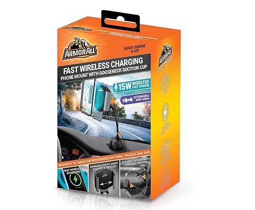 Armor All Wireless Charging Phone Holder, 15W Fast Charging Car Phone Mount, Flexible Gooseneck, Suction Cup and Cord Clip, 360 Degree Adjustable