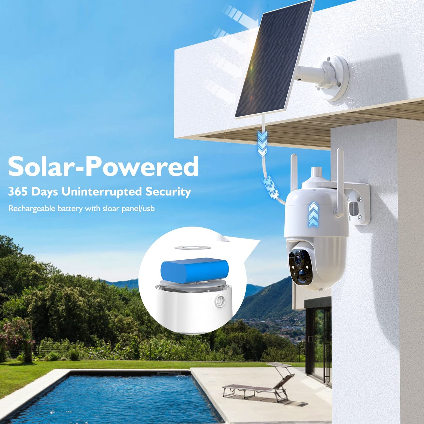 Allweviee Security Cameras Wireless Outdoor, 2K 3MP Pan Tilt 355° View IP65 Waterproof Rechargeable Battery Powered PTZ WiFi Solar Camera with PIR