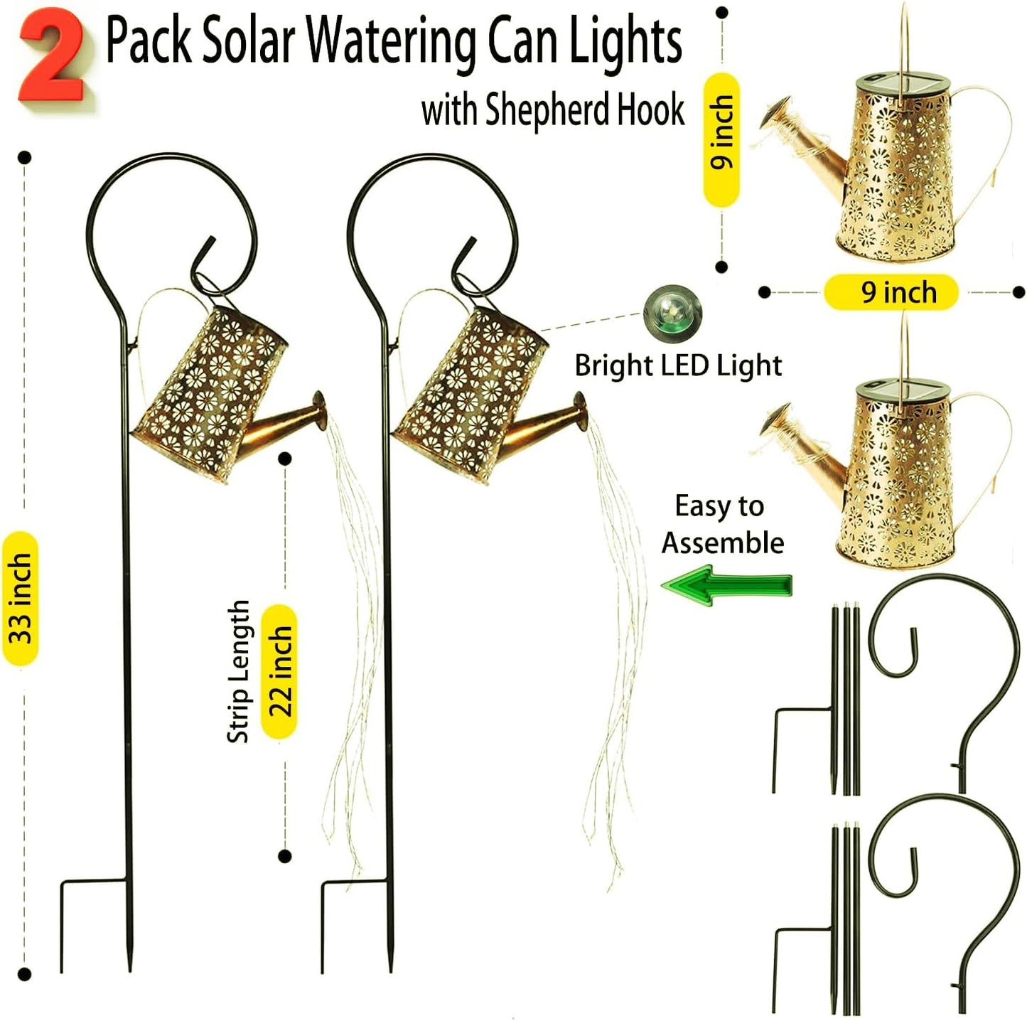 WDLFCGC 2 Pack Solar Watering Can Lights with Shepherd Hook, 8 Multi-Color Changing Modes, IP65 Waterproof, 60pcs String Lights for Outdoor Garden