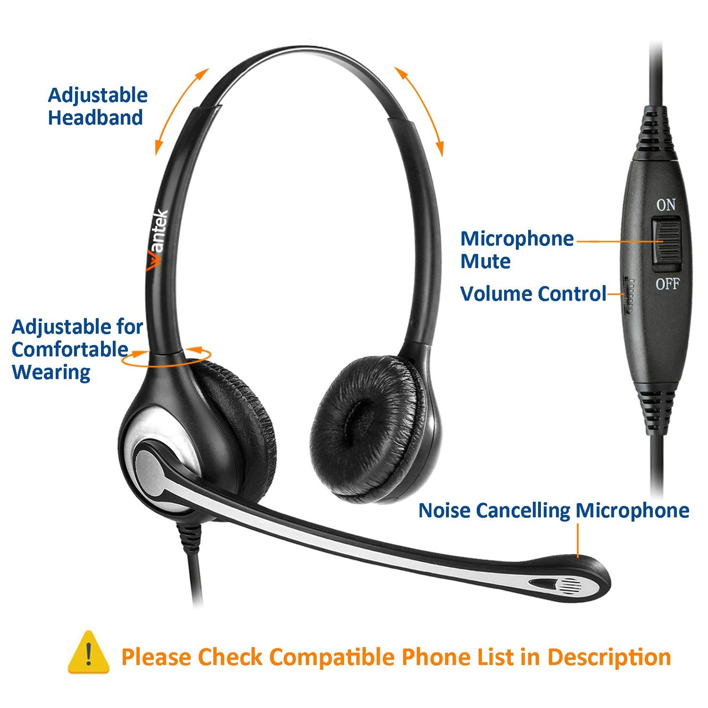 Wantek RJ9 Telephone Headset Dual with Noise Cancelling Mic, Quick Disconnect, Work for Yealink T42G T46G T48G T21P T41P Avaya 1608 9608 9611G 9650