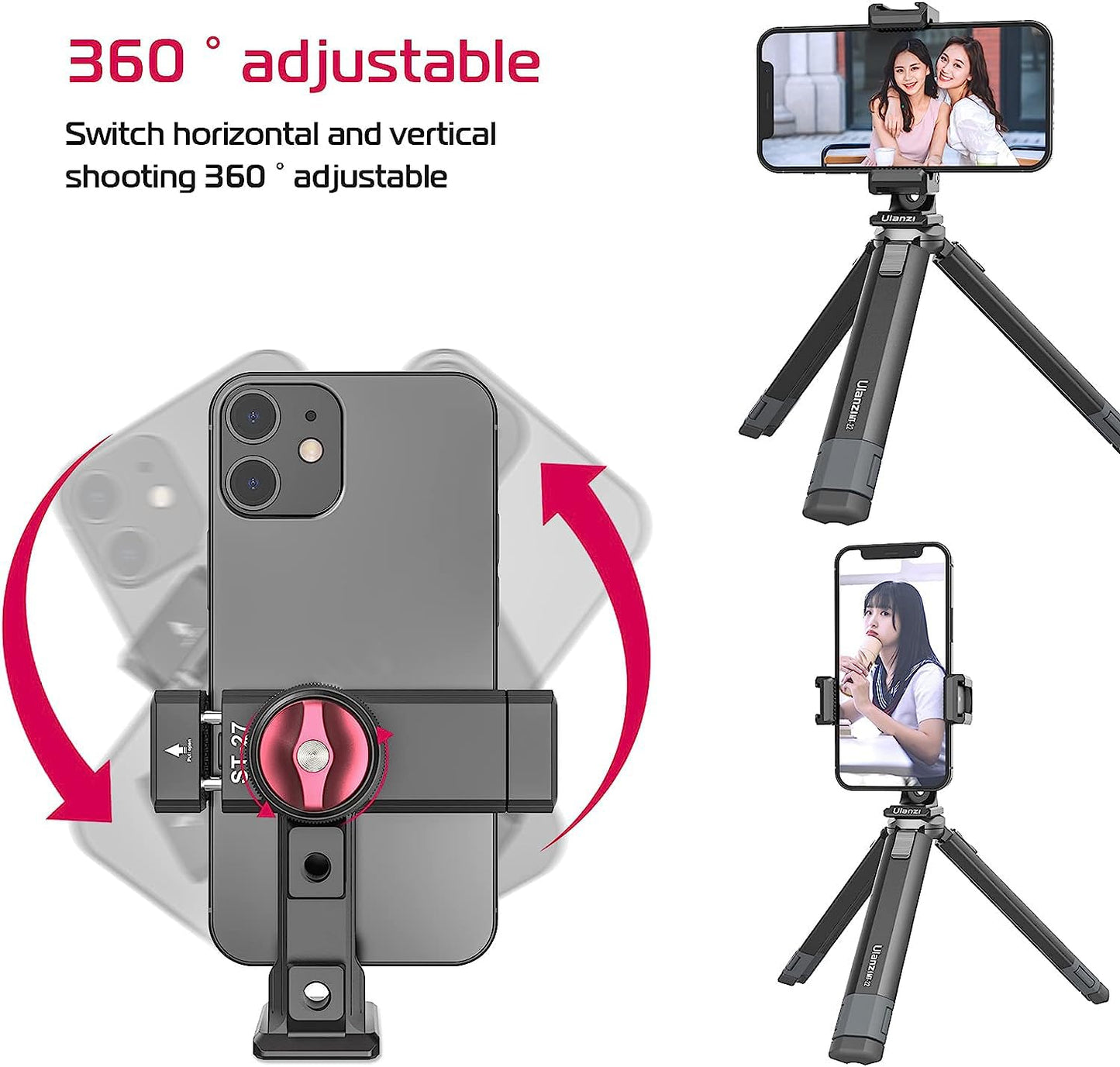 Metal Phone Tripod Mount 3 Cold Shoes & Arca Port, 360° Smartphone Tripod Adapter for iPhone 17 16 15 Cell Phone Stand Holder for Desktop Video Live