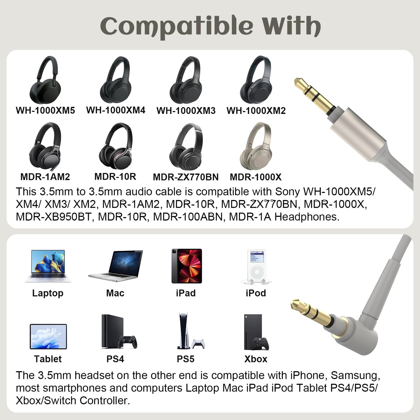 Replacement WH-1000XM5 Headphone Audio Cable Compatible With Sony WH-1000XM5/ XM4/ XM3/ XM2, MDR-1AM2, MDR-10R, MDR-ZX770BN, MDR-1AM2, MDR-1000X…