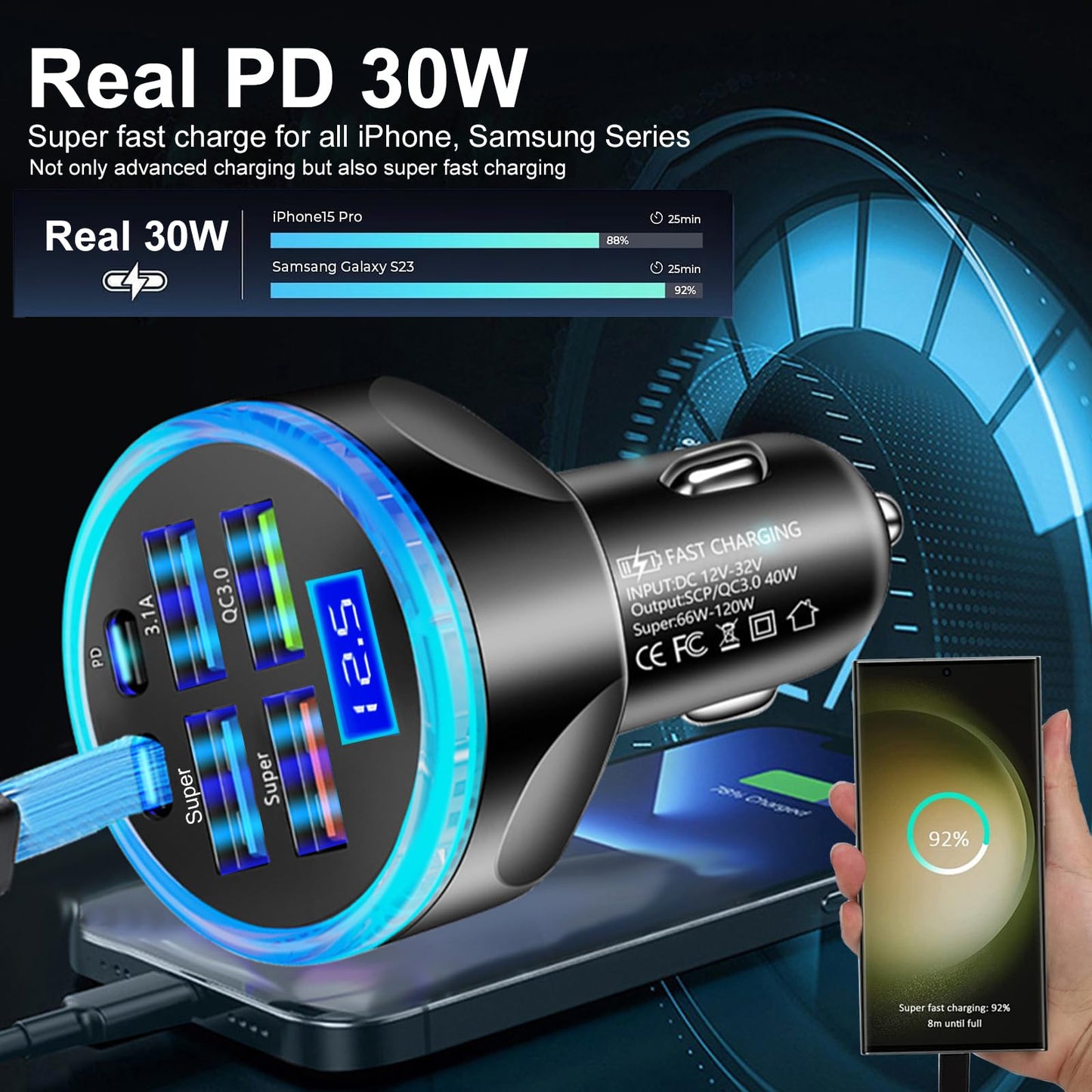 Full PD 30W Multi Port USB C Car Charger Adapter 6 in 1 with Voltage Display, PD4.0/QC4.0/PPS/AFC Super Fast Charging Cigarette Lighter Adapter