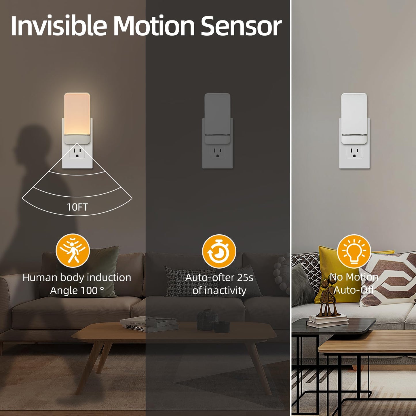 Dawnrise Night Lights Plug into Wall, Invisible Motion Sensor Night Light, Soft Warm or Cool White Selectable, Brightness Adjustable, LED Night Lights