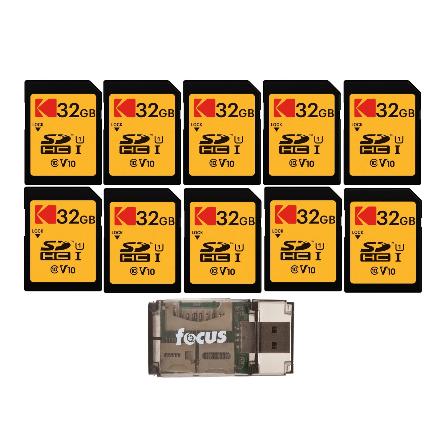 Kodak 32GB Class 10 UHS-I U1 SDHC Memory Card (10-Pack) Bundle with All-in-One High-Speed USB 2.0 Card Reader (11 Items)