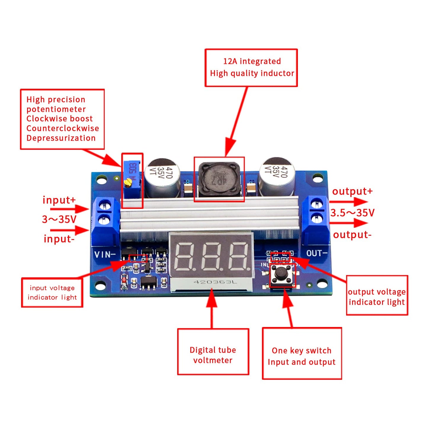 CenryKay DC-DC Adjustable Boost Power Module Board 100W High Power Output 3.5-35V Power Regulator Board with LED Digital Voltage Meter(2PCS)
