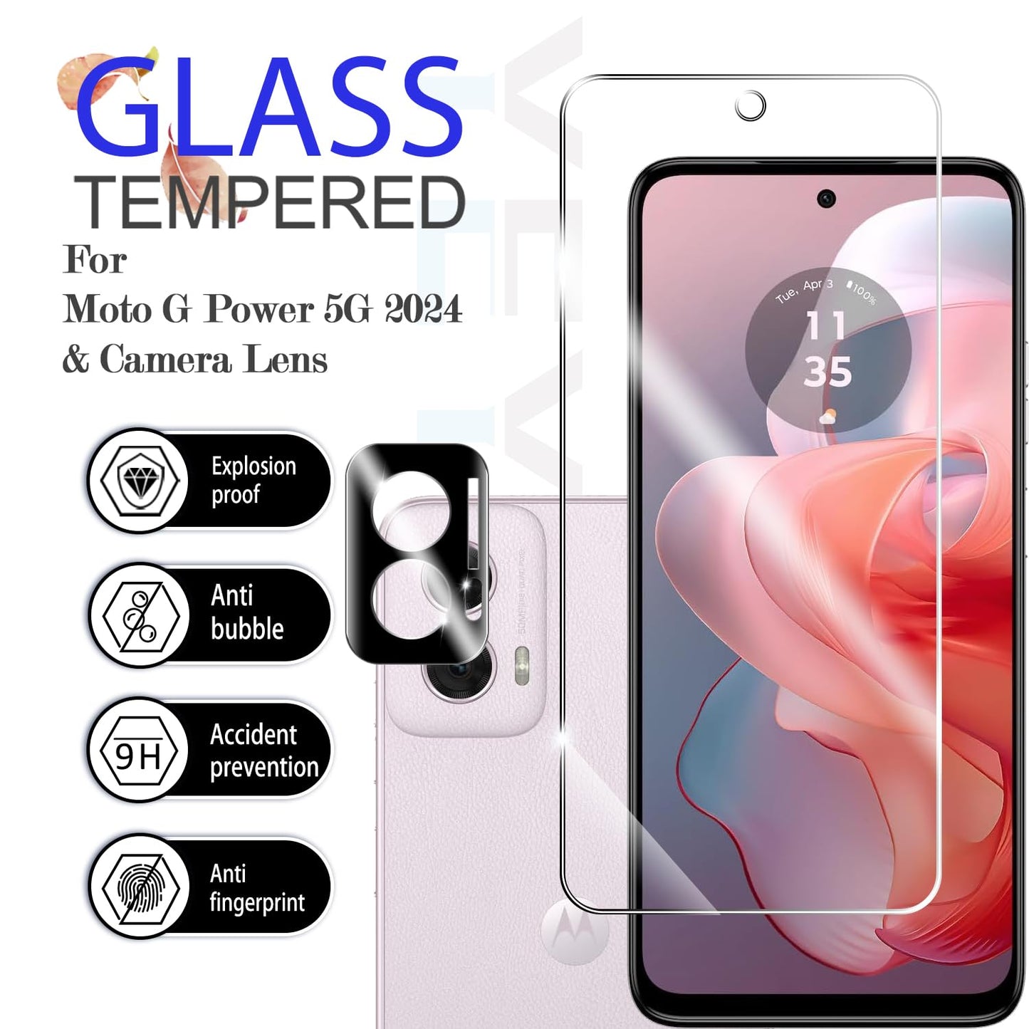 YEYEBF Moto G Power 5G-2024 HD Clear Tempered Glass Screen Protector + Camera Lens Protectors, [2+2 Pack] [Case Friendly] [Anti-Glare] [Bubble-Free]