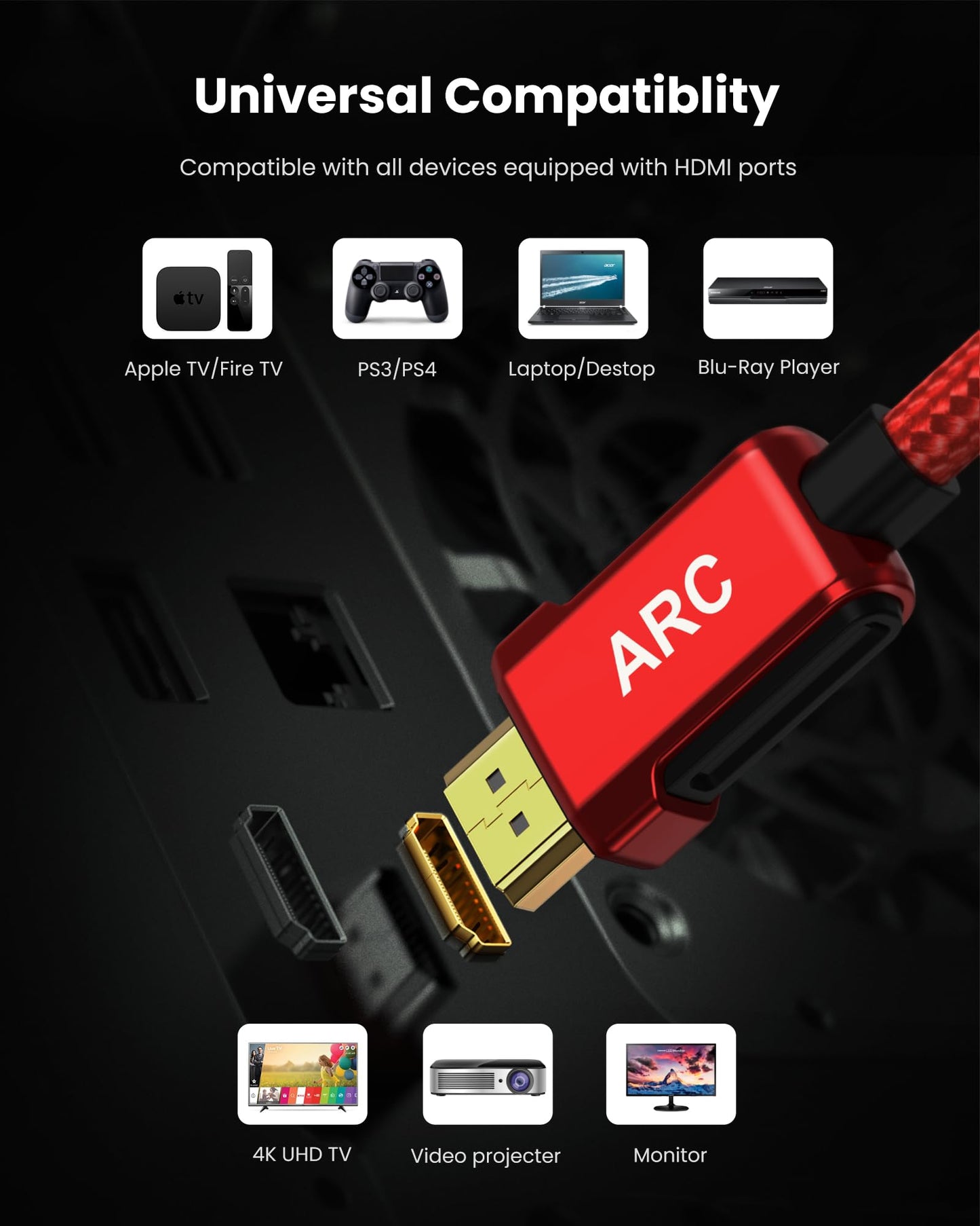 Silkland 4K HDMI ARC Cable for Soundbar, 4K 60Hz HDMI 2.0 Cable 6.6ft, (18Gbps, ARC, HDCP 2.2, HDR, 3D), High Speed Ultra HD, Compatible for Samsung