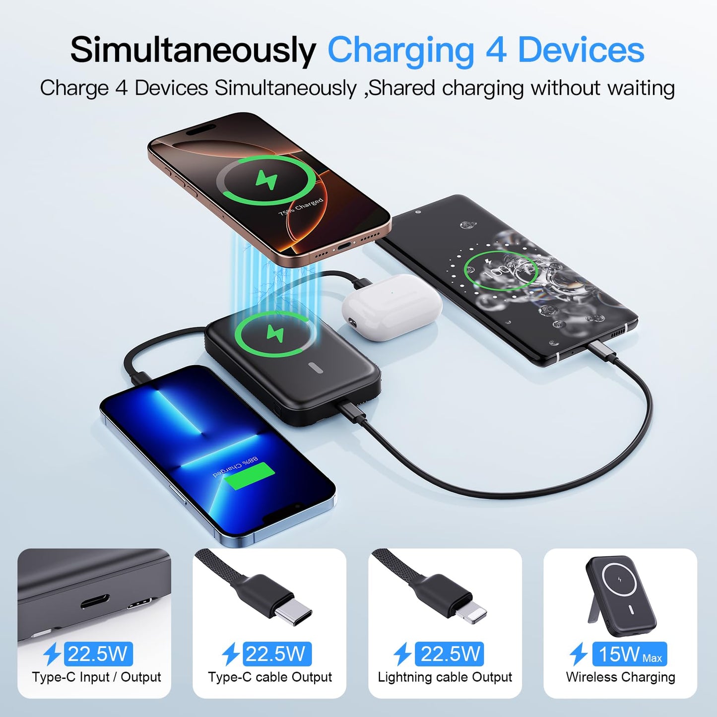 VTIAEK 2026 Latest Portable Charger, 16800mAh Magnetic Wireless Power Bank with 2 Built in Cables, LED Display Battery Pack Travel Essentials