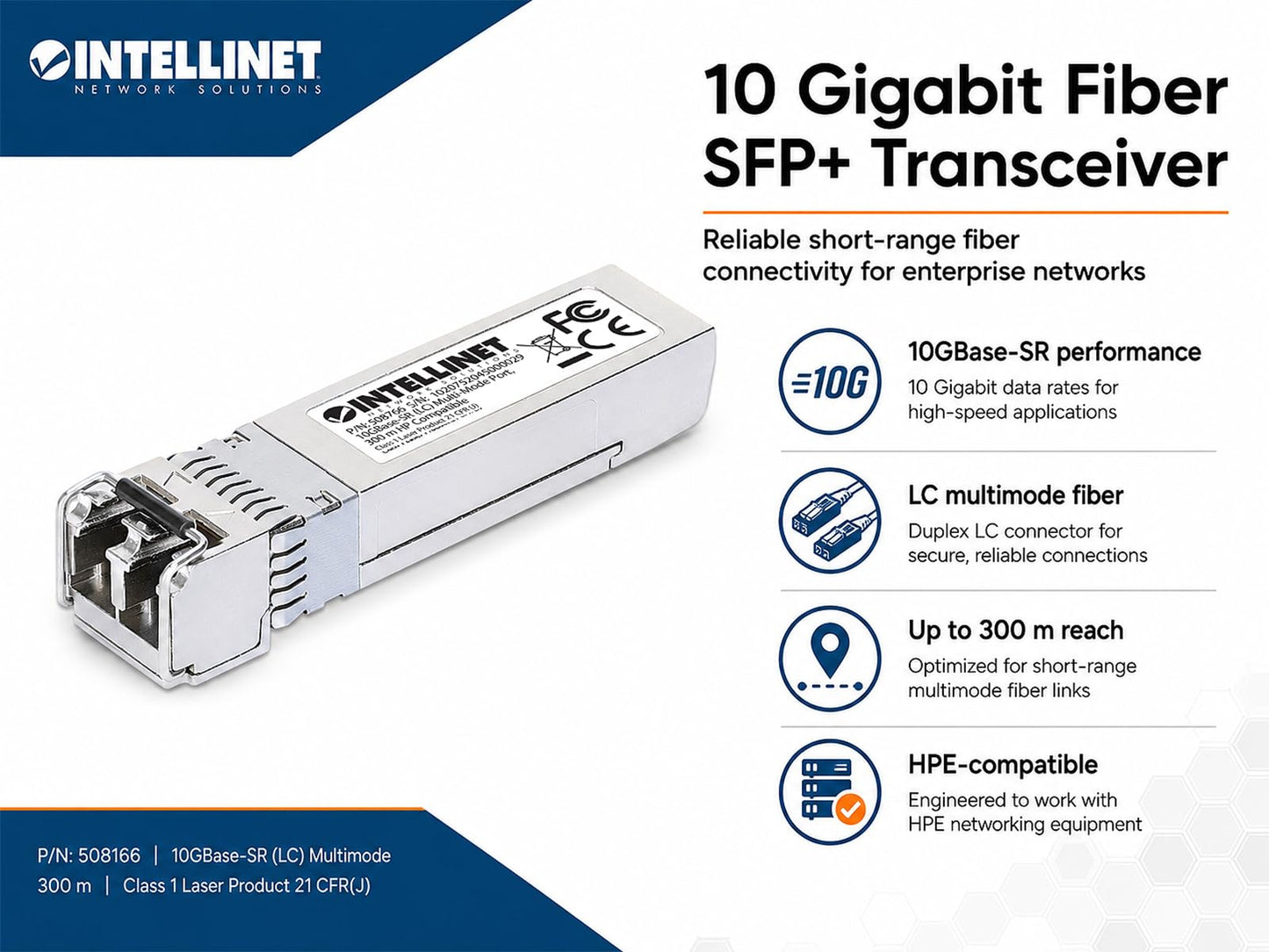 Intellinet 10G SFP+ Transceiver, LC Duplex, 850 Nm, HPE Compatible, 2 pcs
