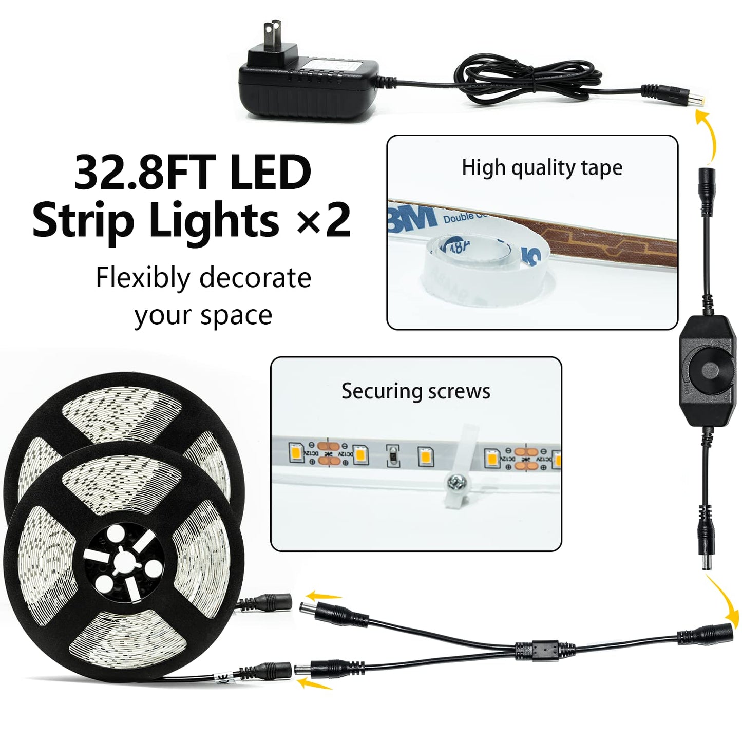 ollrieu LED Strip Lights White 65.6ft Dimmable 6000K Bright White Strip Lighting, 12V 20M 1200 LEDs 2835 Flexible led Light for Kitchen, Under