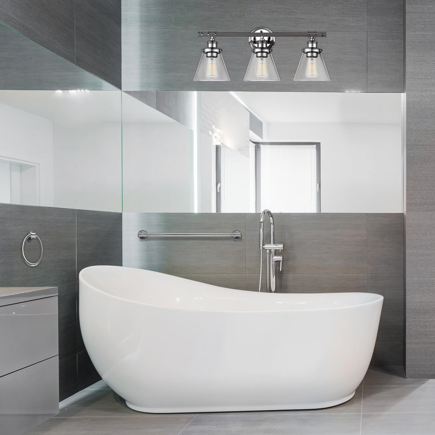 Globe Electric 51234 5-Piece All-in-One Bathroom Set, Chrome, 23" 3-Light Vanity Wall Light with Clear Glass Shades, Towel Bar and Ring, Robe Hook