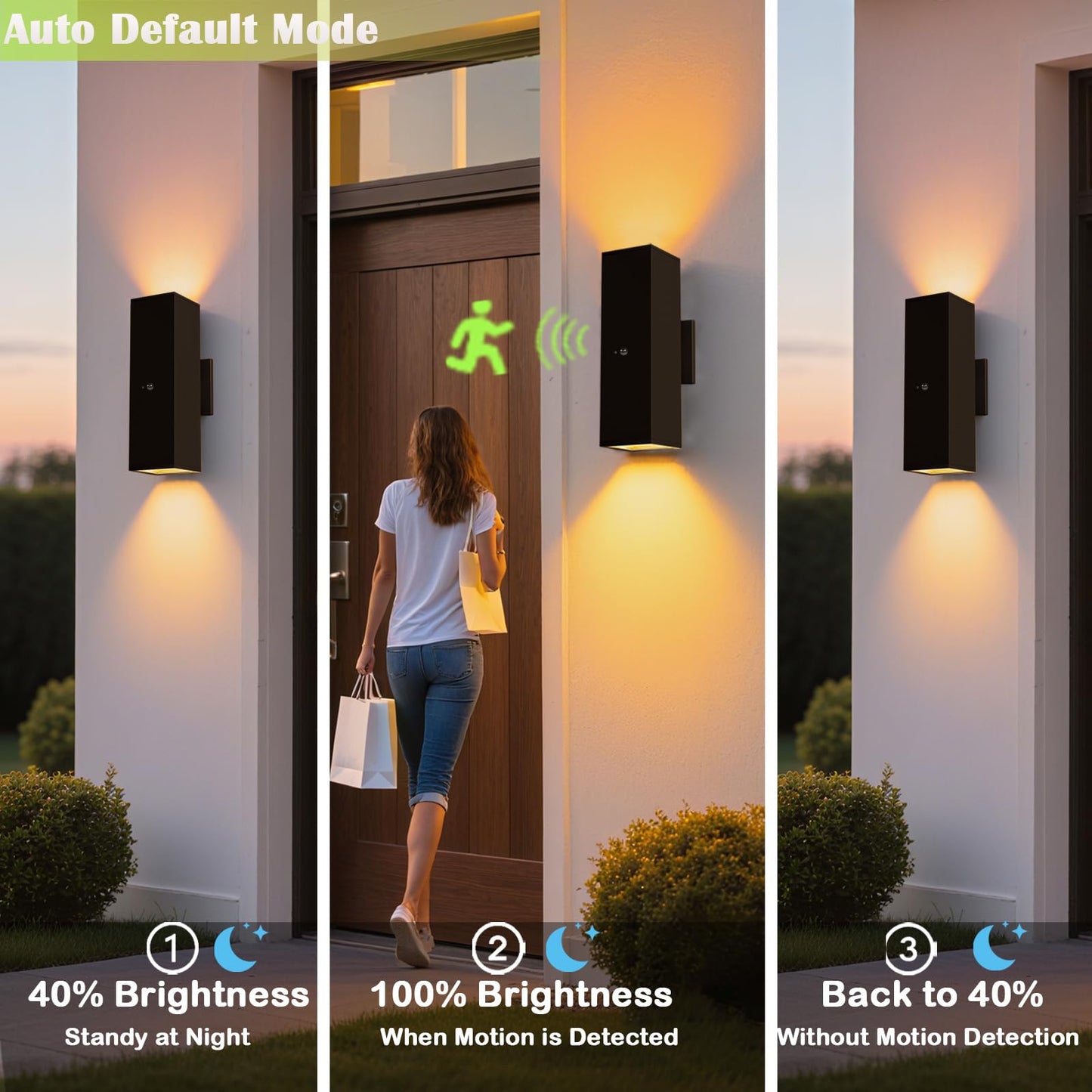 Motion Sensor Outdoor Wall Lights 2-Pack, Dusk to Dawn Exterior Light Fixtures with 3 Lighting Modes, 13'' Up Down Porch Lights with 15W LED Bulbs