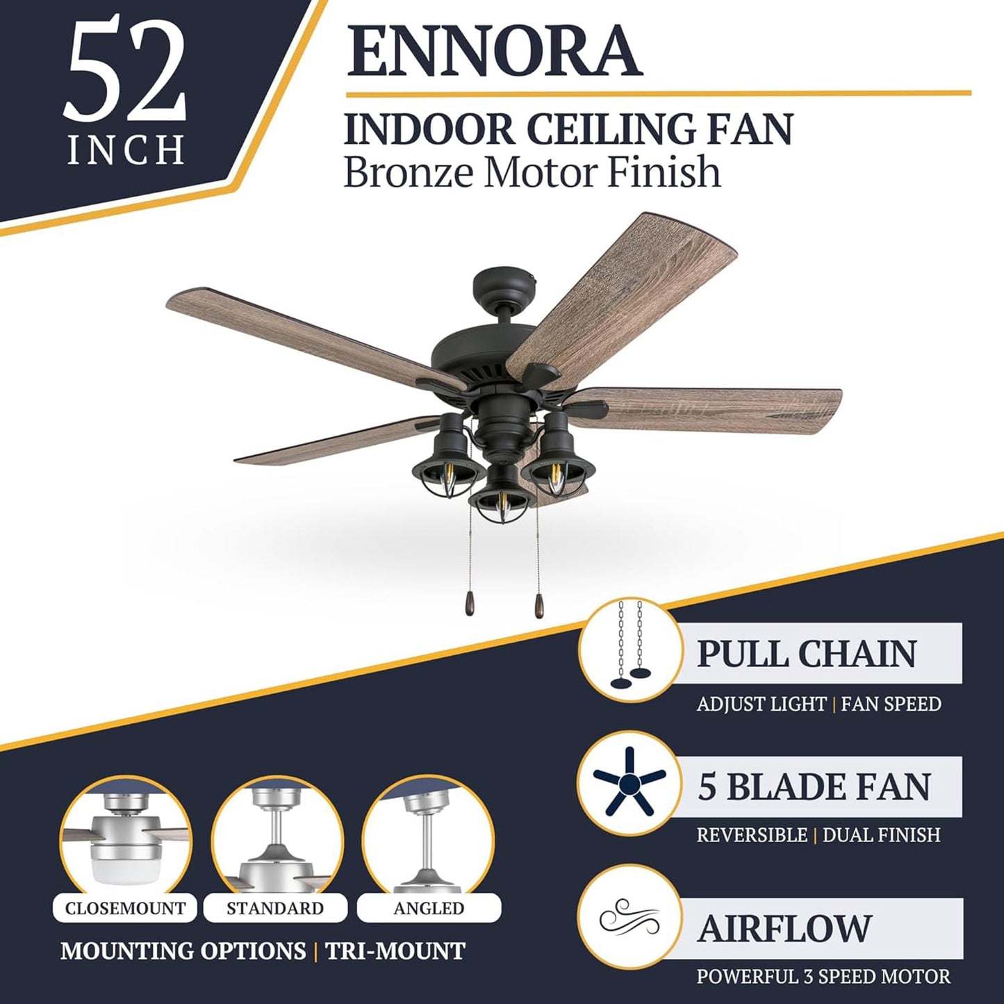 Prominence Home Ennora 52 Inch Ceiling Fan with LED Light, Pull Chain Control, 5 Blades with Reversible Motor and Tri-Mount Options, Bronze
