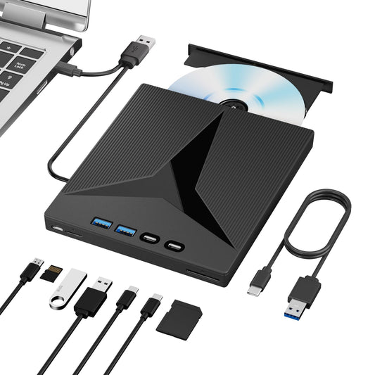 7 in 1 External CD/DVD Drive for Laptop, Portable External CD Drive for PC, USB 3.0 & Type-C CD Burner for Laptop External Disc Drive, CD Reader