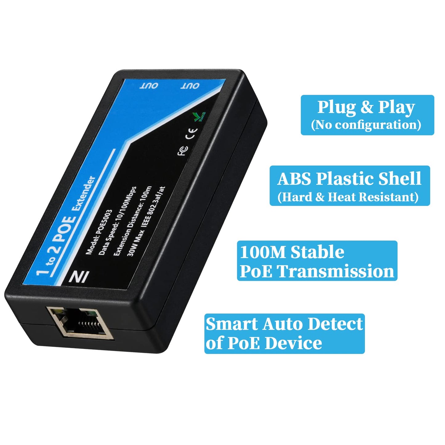 Revotech 2 Port POE Extender POE+ Repeater 100 Meters(328 ft) Extender 1 in 2 Out Comply IEEE 802.3af/at Standard 10,100Mbps for Security POE Camera