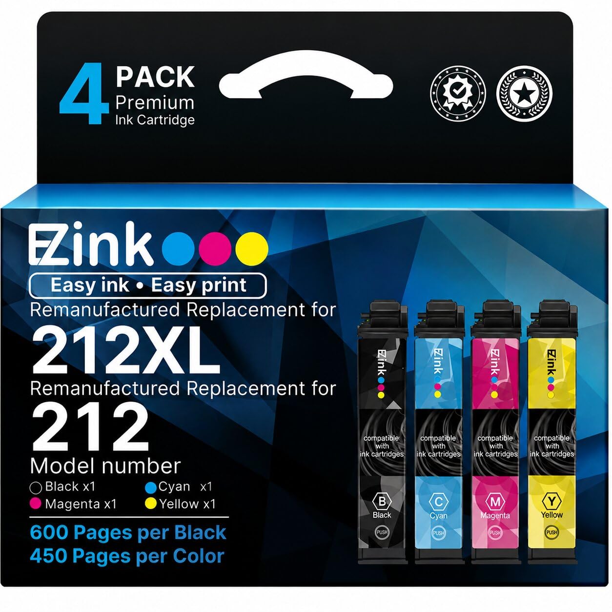 E-Z Ink Remanufactured Ink Cartridge Replacement for Epson 212XL Ink Cartridges Combo Pack for 212 Ink Cartridges for XP-4100 XP-4105 WF-2830 WF-2850