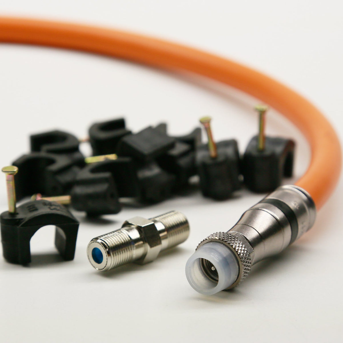 RG11 CABLE with Weather Boot F Connectors - Tri-Shield Underground Coaxial DIRECT BURIAL Gel Coated Flooded COAX - Plus Female Splice Barrel & 10 Cable Nail Clips by PHAT SATELLITE INTL 150FT ORANGE