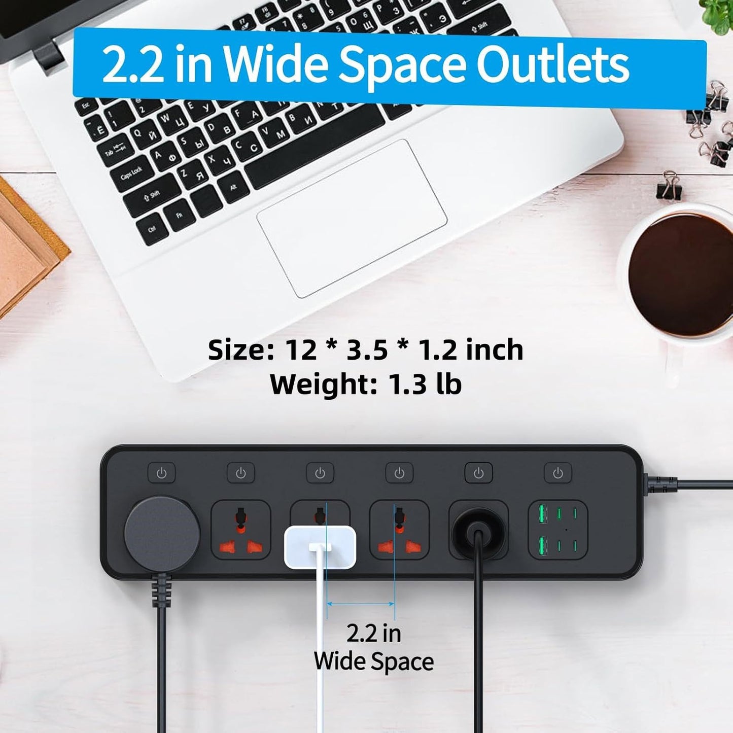 Flat Plug Power Strip with Individual Swtich, Jumpso 6ft Universal Extension Cord with 5 Outlets and 2 USB 4 USB C Ports, Max 3000w, 110-240v