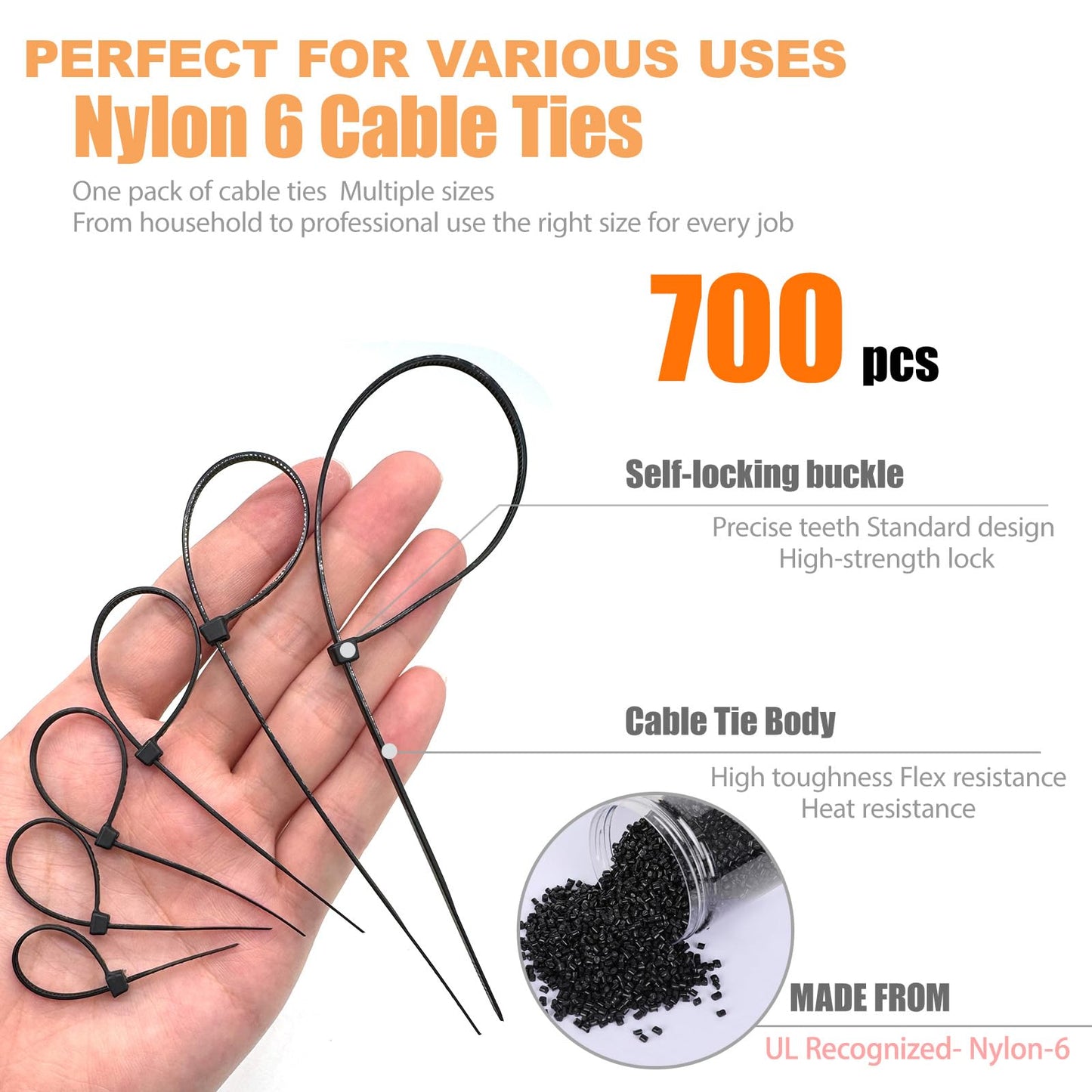 700 Pcs Cable Ties,6 Size 3.2/4/4.7/6/8/10 Inch Black Nylon Electrical Zip Ties,Zipties Assorted Sizes for Home Office,Gardening,Electronics,Cable
