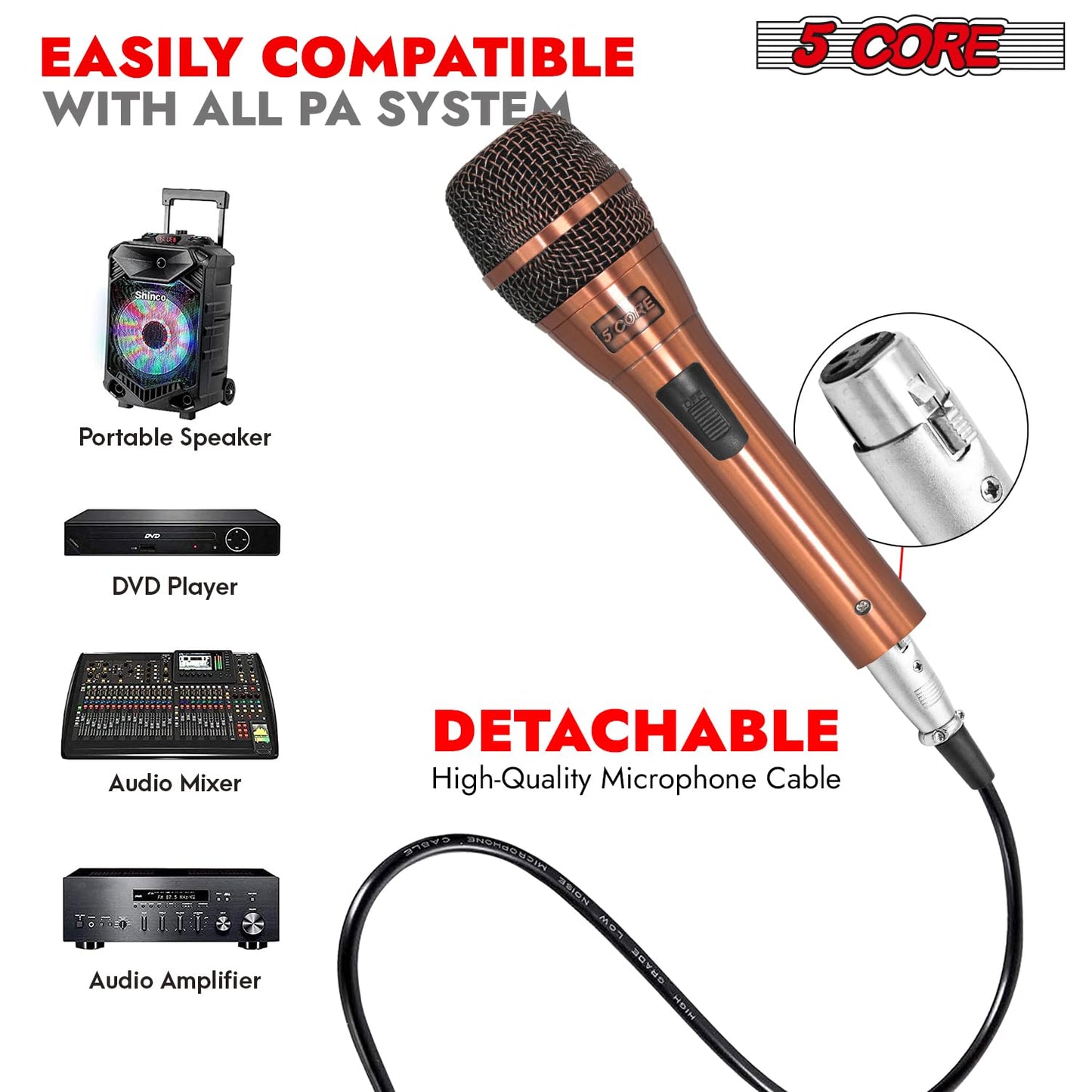 5 CORE Professional Dynamic Vocal Microphone Neodymium Cardioid Unidirectional Handheld Mic for Singing + 16ft Cable + Clip + Bag ND-807 CoppereX