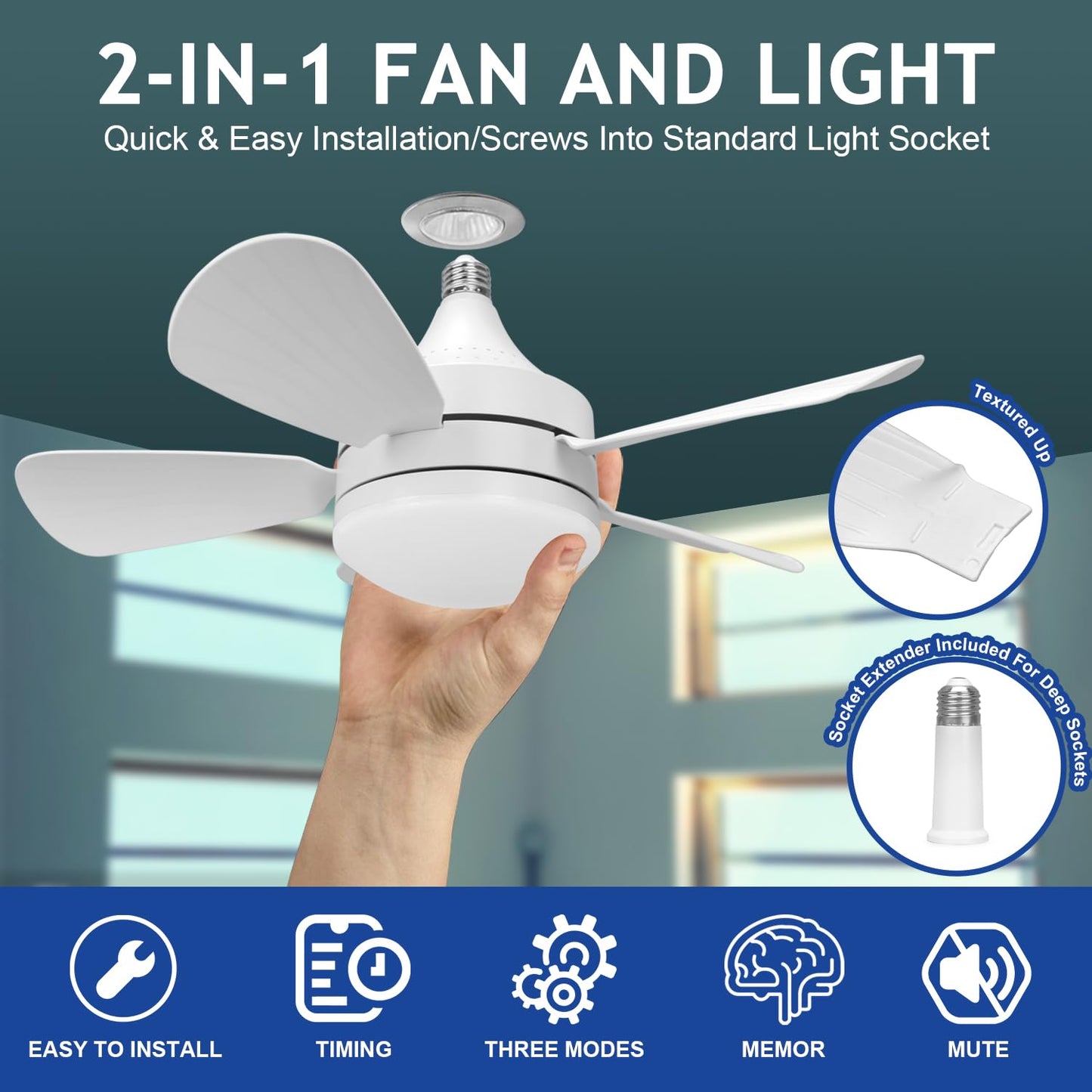 Jolimark 2000 Lumen Socket Ceiling Fan Light with Remote, E26 Socket, 3 Speed Noiseless Dimmable Fan, Adjustable CCT, 2/4H Timer, for Kitchen Bathroom