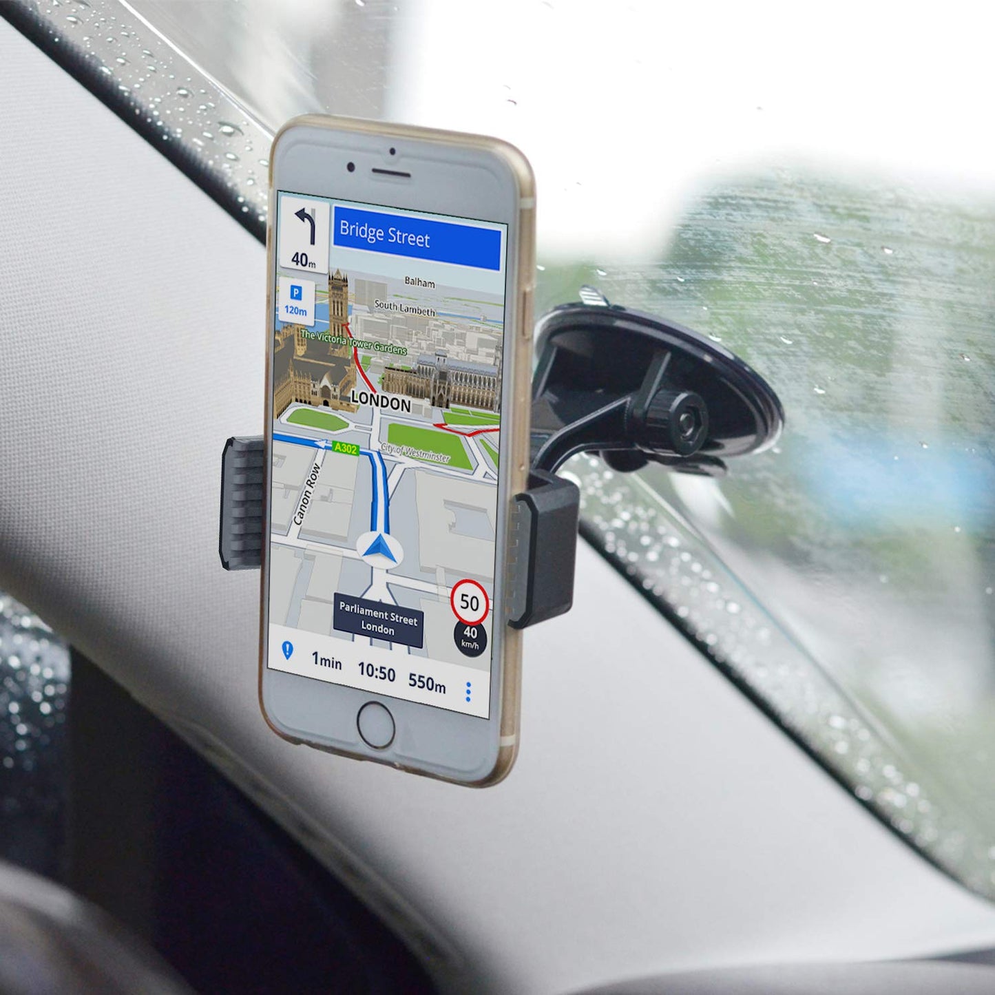 APPS2Car Suction Cup Phone Holder for Car with Adjustable Arm, Low Profile Dashboard Phone Mount Compact Windshield Window Dash Mobile Stand