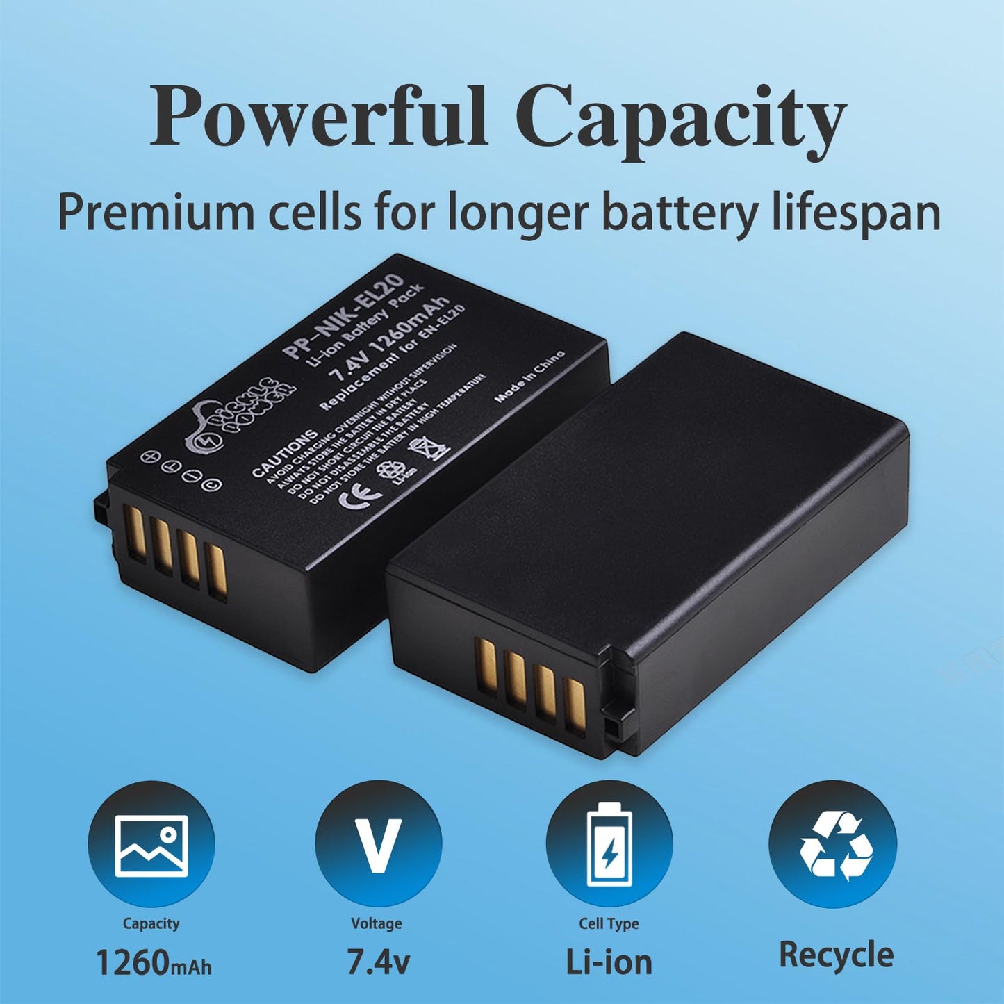Pickle Power EN-EL20 EN-EL20a Battery and Charger Compatible with Nikon Coolpix P1000, P950, DL24-500, Coolpix A, 1 AW1, 1 J1, 1 J2, 1 J3, 1 S1, 1 V3