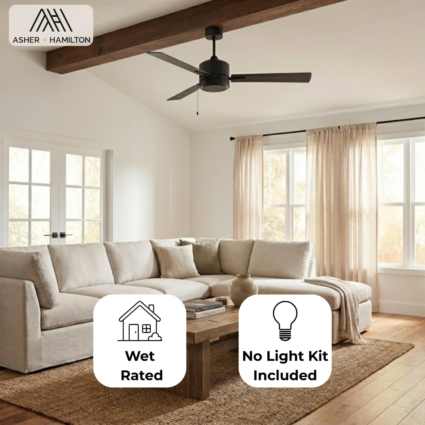Asher Hamilton AHF-210BK Drift 52 Inch Outdoor Ceiling Fan | 3 Blade Configuration | Wet Rated Exterior Ceiling Fan | Steel and ABS Construction |