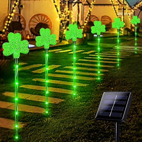 ANLTDTC Solar Shamrocks Garden Stake Lights for St. Patrick's Day Decorations Outdoor, 8 Modes Green Lucky Clover Pathway Lights Waterproof St